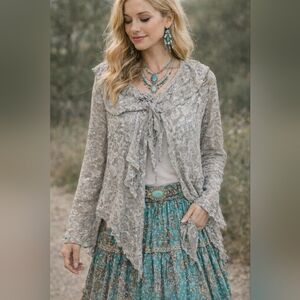 #1605 Bohemian Stretch Lace Waterfall Front Women - Gray- Cardigan Sz L